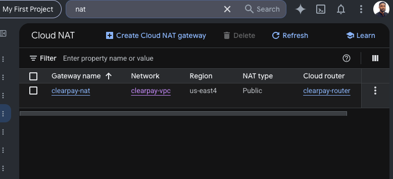 image showing cloud NAT on gcp console