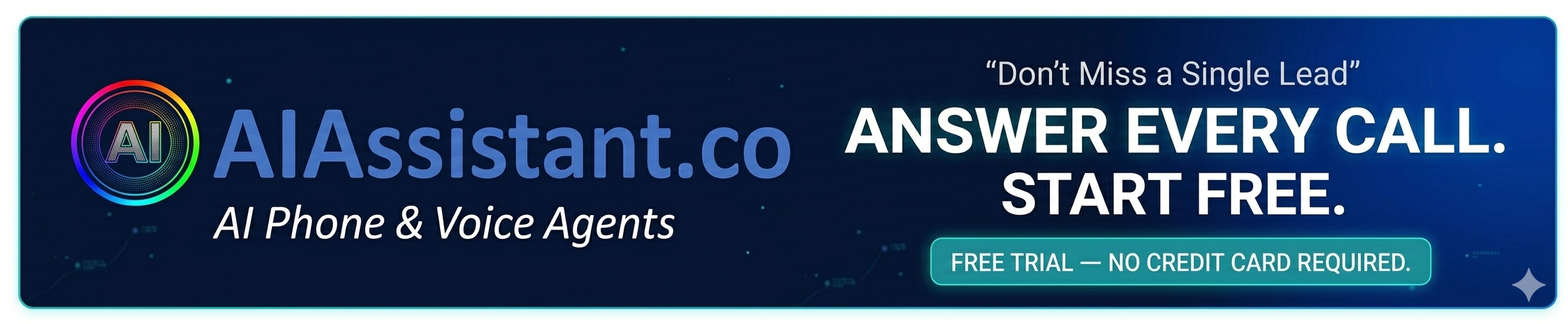 A bold call-to-action banner with the AI Assistant.co logo on a dark navy to blue gradient background. Text reads "Answer Every Call. Start Free." with a teal button labeled "Free Trial — No Credit Card Required." Clean, conversion-focused layout.