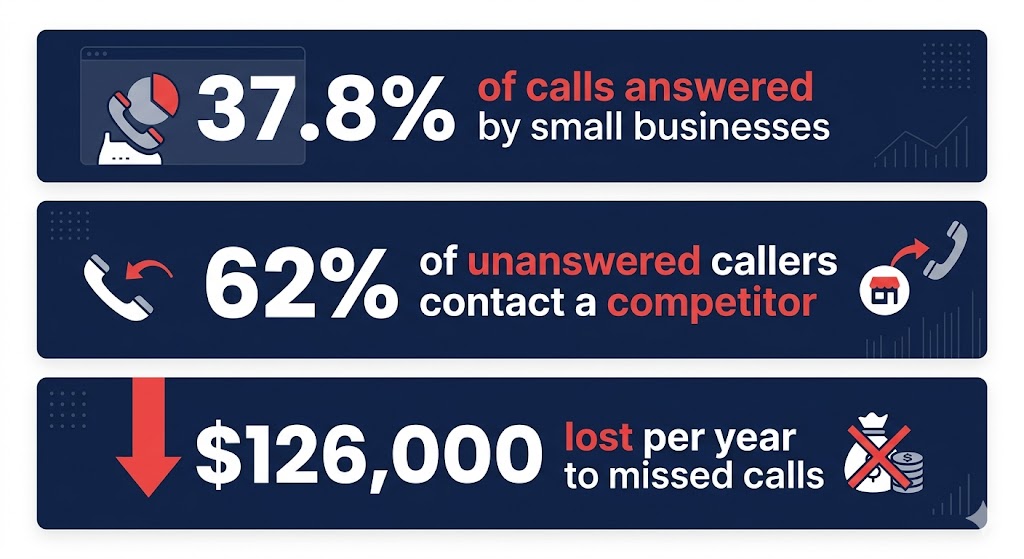 A clean infographic on a dark navy background showing three bold statistics in white and red text: "37.8% of calls answered by small businesses," "62% of unanswered callers contact a competitor," and "$126,000 lost per year to missed calls." Minimal, data-driven design.