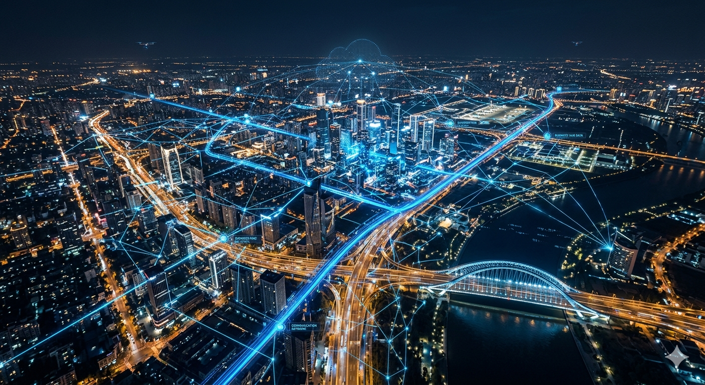 A wide aerial view of a modern city at night with glowing blue digital network lines overlaid, symbolizing AI-powered business communication infrastructure. Clean, tech-forward, futuristic but grounded.