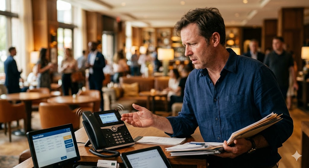 A frustrated small business owner at a busy front desk looking at a ringing phone they cannot answer, with a blurred restaurant or hotel lobby in the background. Professional, realistic, warm lighting.
