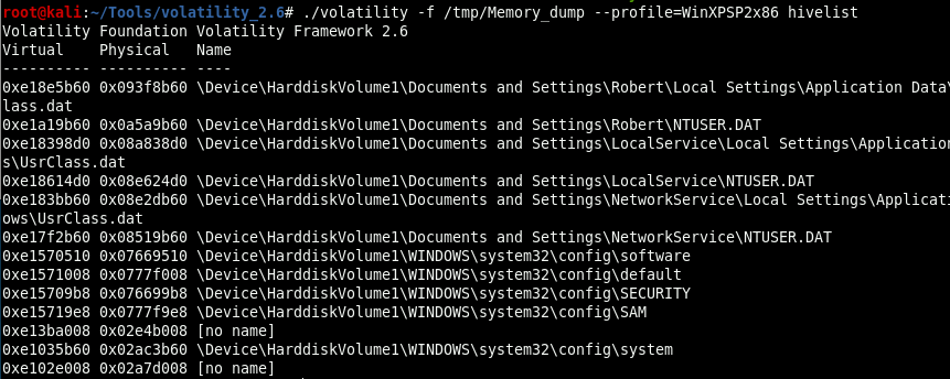 hivelist enumerating the registry hives recoverable from the live memory image.