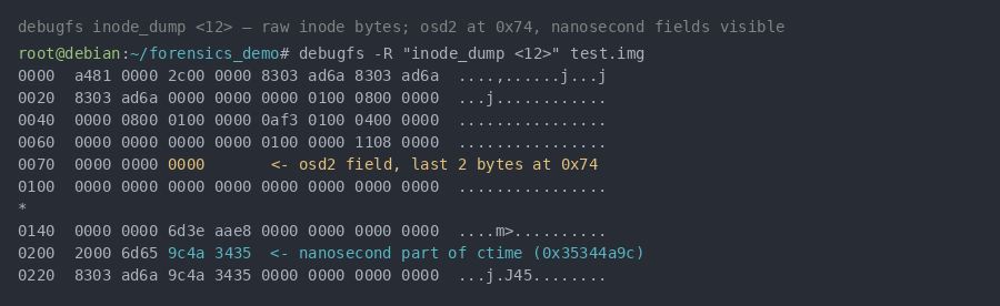 debugfs inode_dump output showing raw inode bytes, with the osd2 field at offset 0x74 and nanosecond timestamp components highlighted