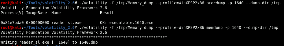 procdump and memdump pulling reader_sl.exe's image and full addressable memory out of the dump for offline analysis.