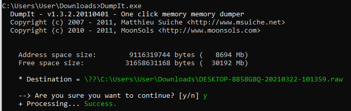 DumpIt writing a raw memory image out to external storage