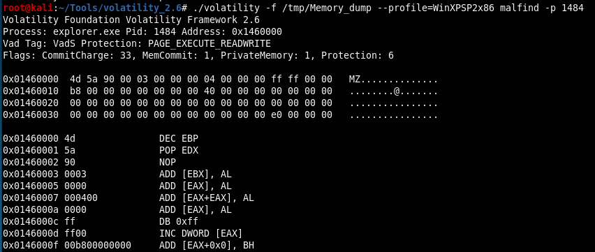 malfind flagging an executable memory region inside explorer.exe with no backing file on disk, a strong indicator of code injection.