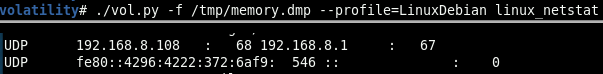 linux_netstat. Two active UDP sessions recovered from memory, both later confirmed benign.