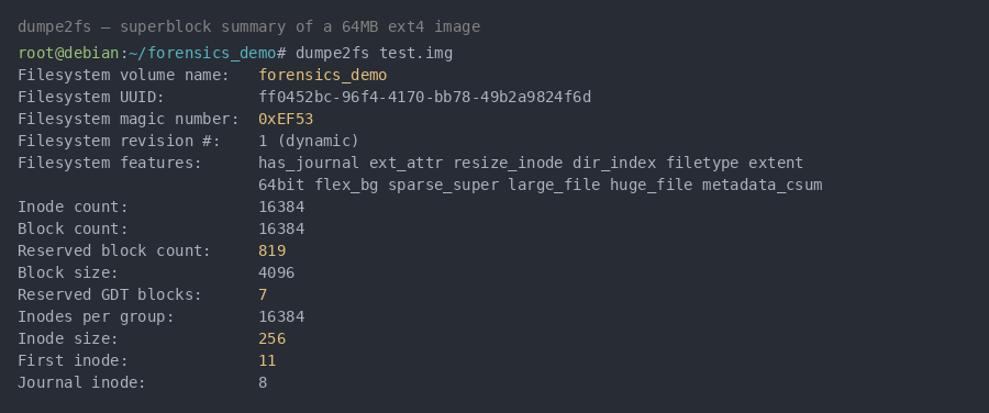 dumpe2fs superblock summary showing inode count, block size, reserved GDT blocks, first inode, and inode size
