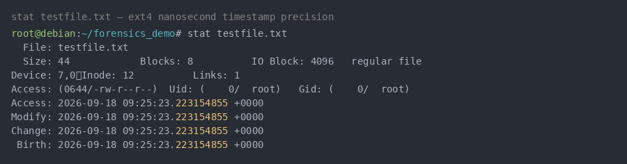 stat output on testfile.txt showing Access, Modify, Change, and Birth timestamps all with nanosecond precision: .223154855