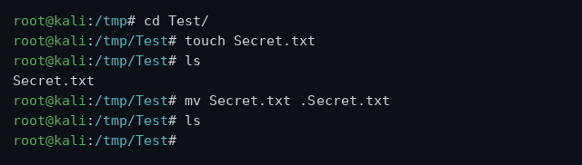 Creating a file, listing it, then renaming it with a leading dot so it drops out of a plain ls