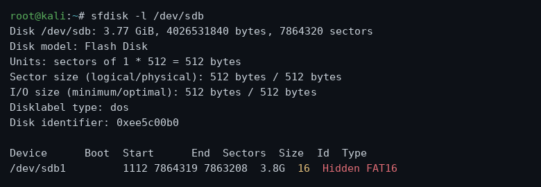 sfdisk -l output showing the partition's type now reading Hidden FAT16