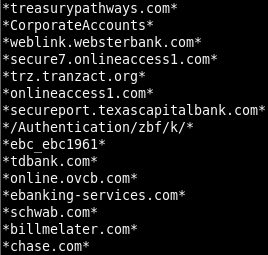 A hardcoded target list of banking domains recovered from reader_sl.exe's memory, establishing intent rather than just infection.