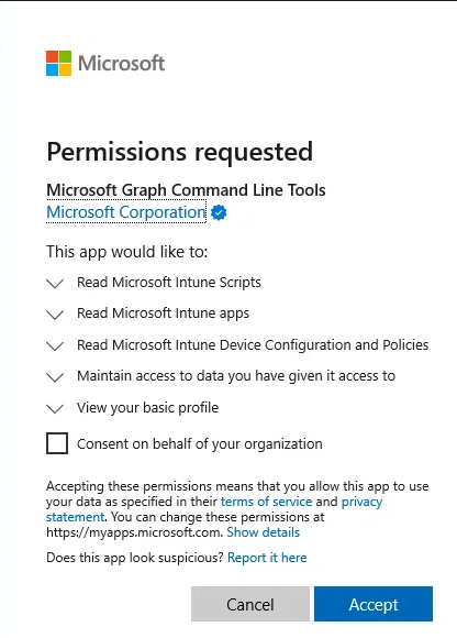The Entra "Permissions requested" prompt for Microsoft Graph Command Line Tools, listing the read-only permissions with the "Consent on behalf of your organization" box ticked