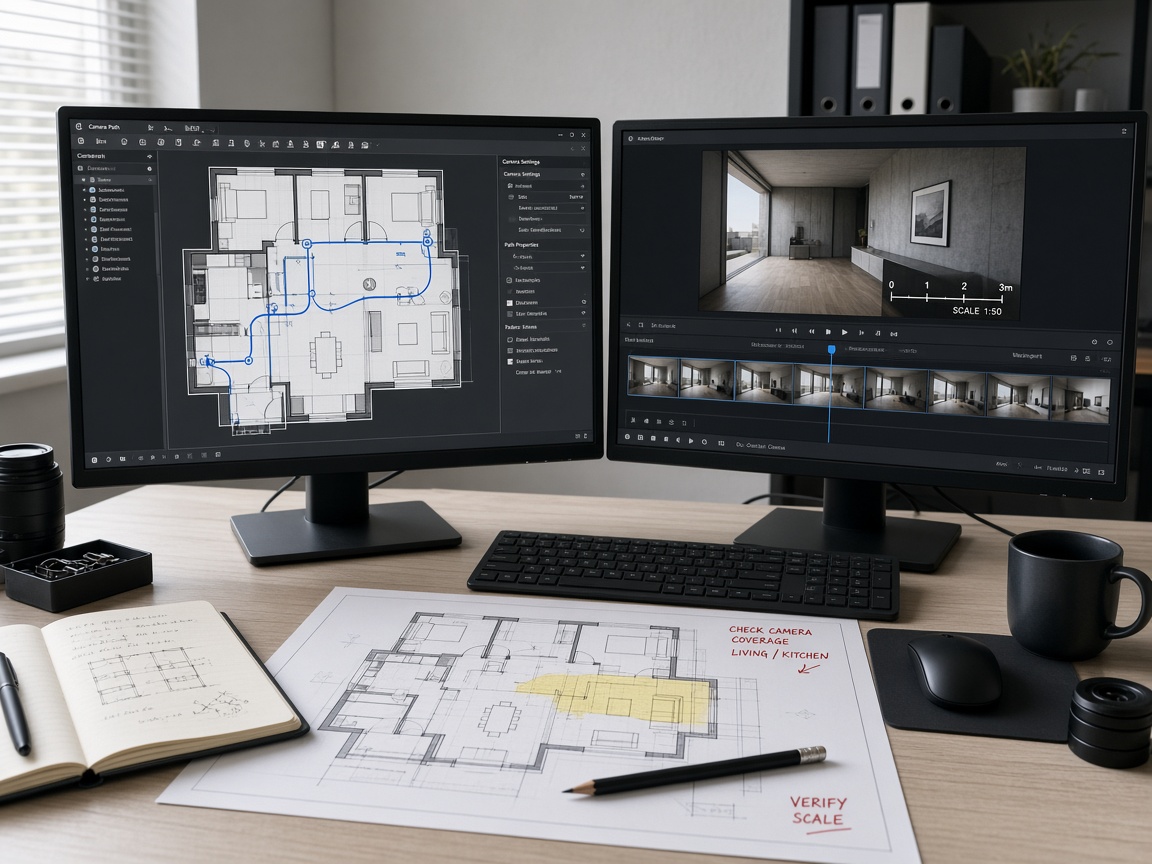 Dual monitors: floor-plan with a drawn camera spline on the left, and a scrubbed video frame with a scale bar overlay on the right