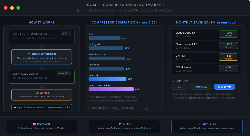 Prompt Compression Benchmarker: Cut LLM Input Costs by 35–63% With Measurable Quality Tracking