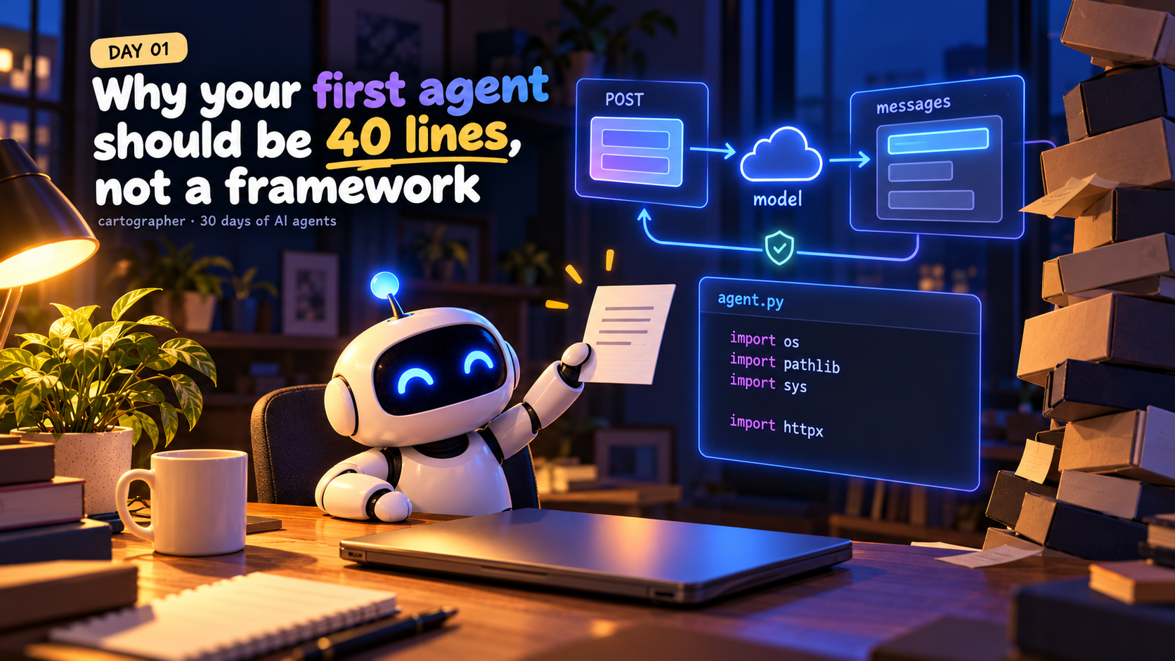Day 01: Why your first agent should be 40 lines, not a framework
