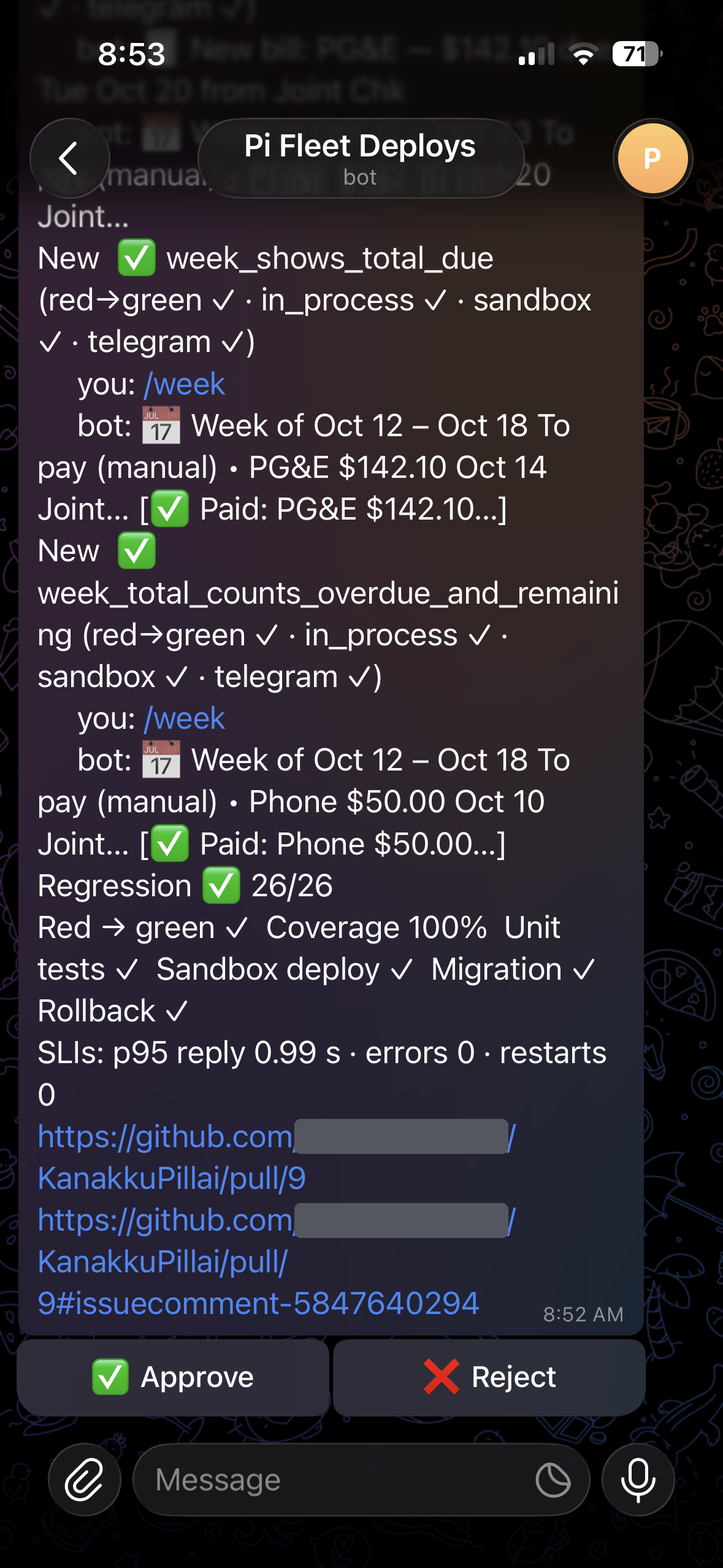 The sandbox report in Telegram, with the scenarios run over real Telegram, the sandbox's latency and error numbers, and the only button that can reach production