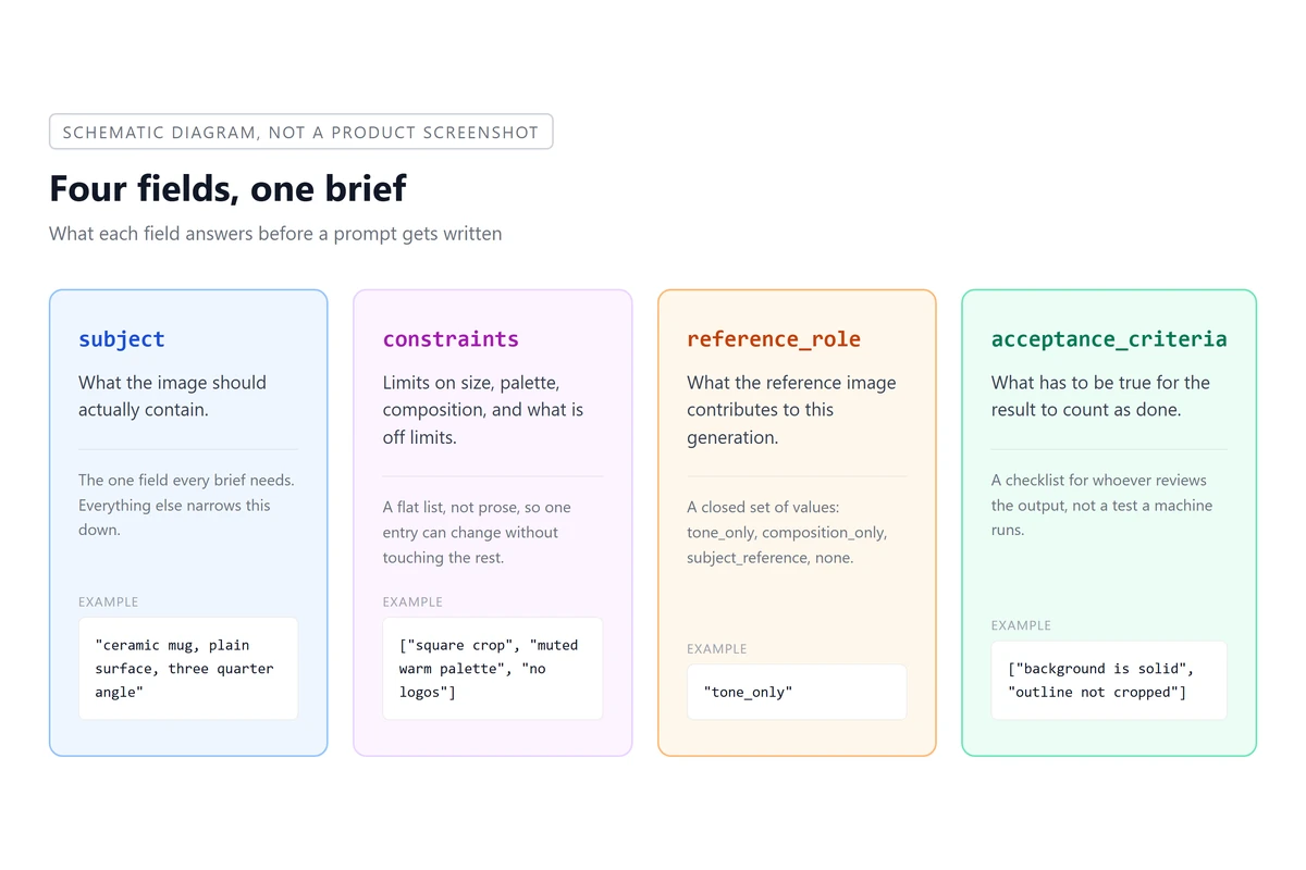 Schematic diagram of four brief fields: subject, constraints, reference role, and acceptance criteria