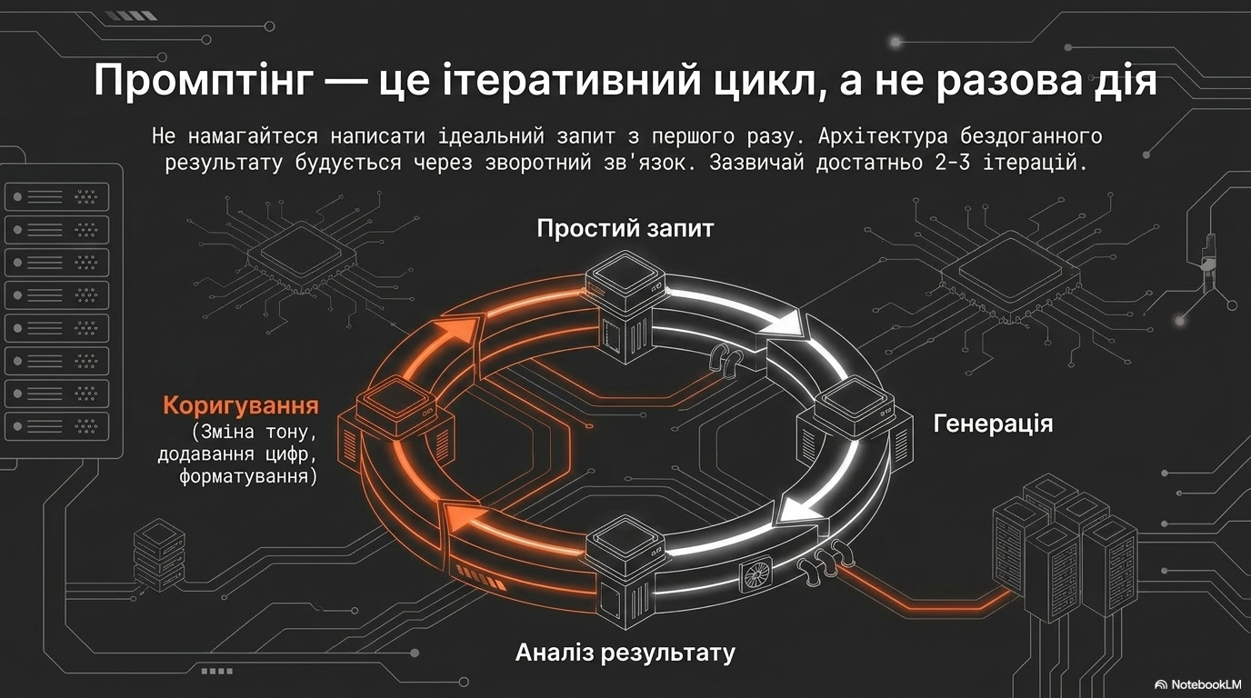 Не намагайтеся одразу написати ідеальний промпт. Починайте з простого запиту, аналізуйте відповідь і поступово уточнюйте її. Зазвичай 2–3 ітерацій достатньо, щоб отримати саме той результат, який вам потрібен.