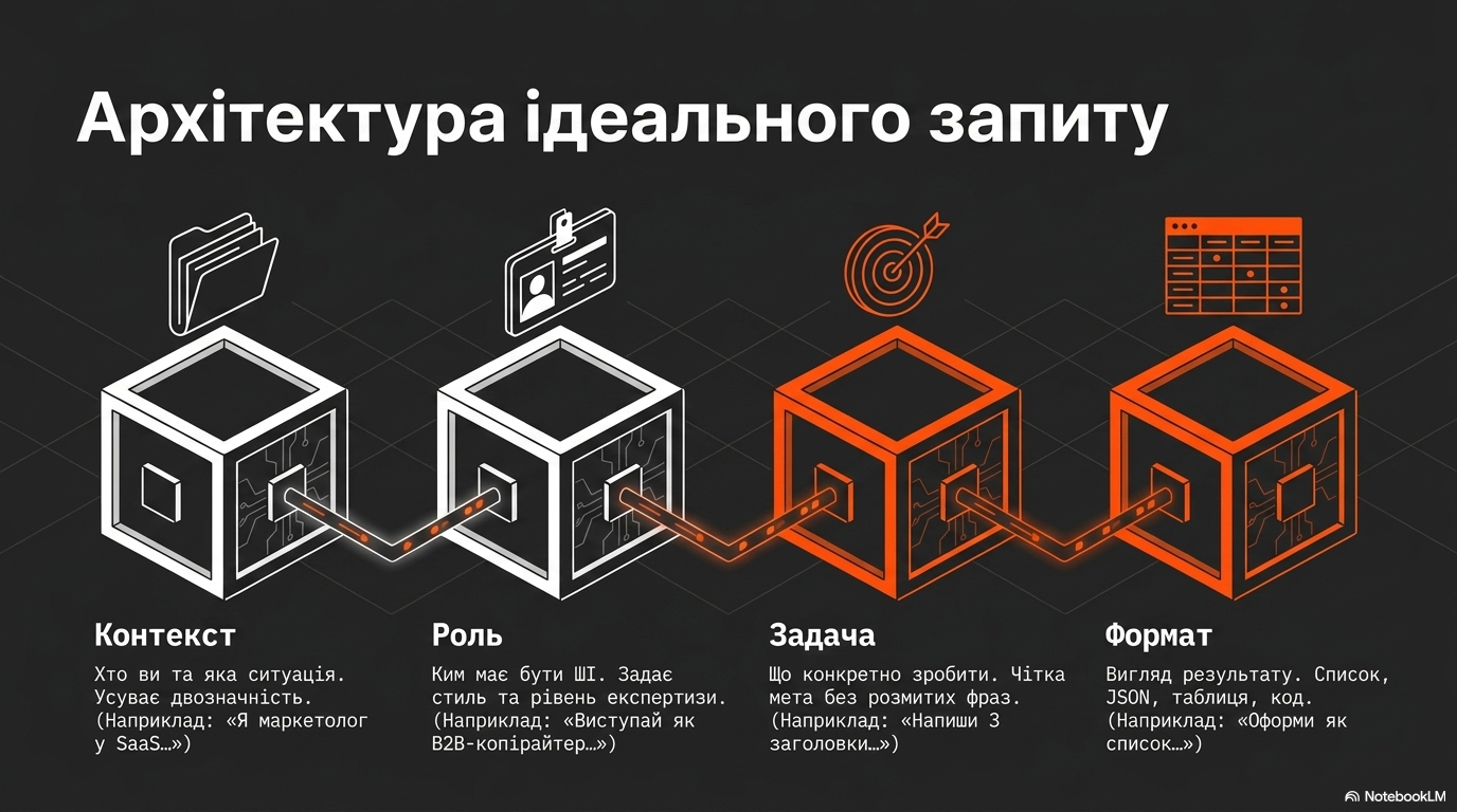 Ефективний промпт складається з чотирьох ключових елементів. Не кожен запит потребує всіх чотирьох одночасно, але знання кожного допомагає будувати структуровані й результативні запити.