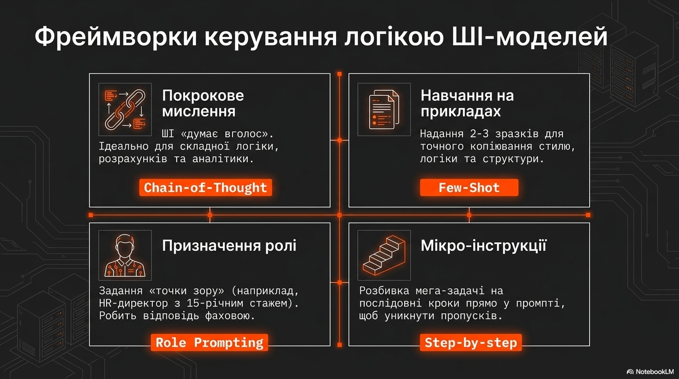 🧠 Chain-of-Thought (Покрокове мислення)  Попросіть ШІ вирішувати задачу крок за кроком. Це особливо ефективно для складних логічних або аналітичних завдань — модель «думає вголос» і рідше припускається помилок.