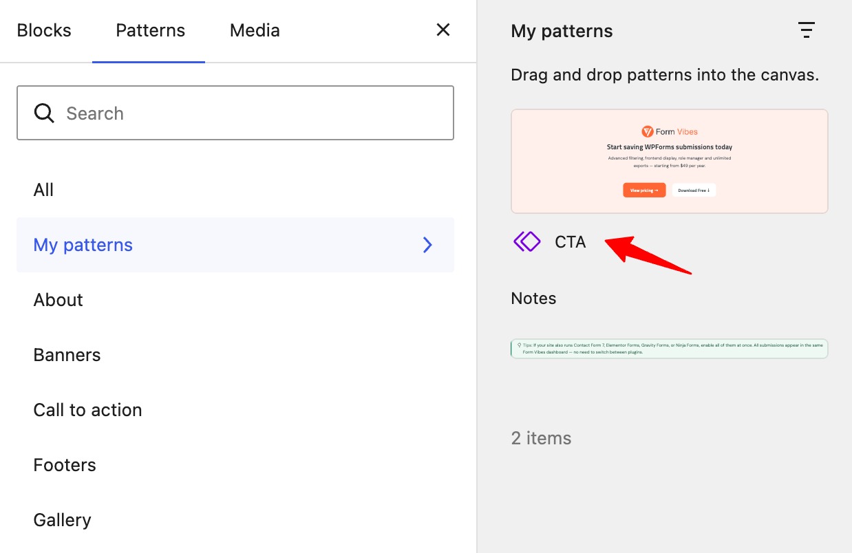 Add Synced Pattern on WordPress Page