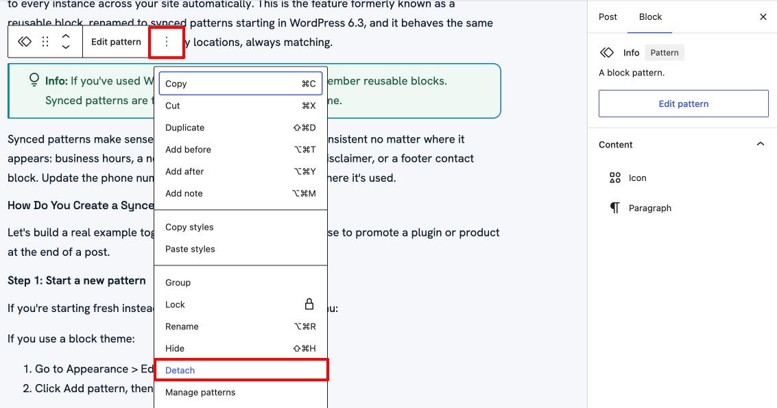 Detach Pattern in WordPress