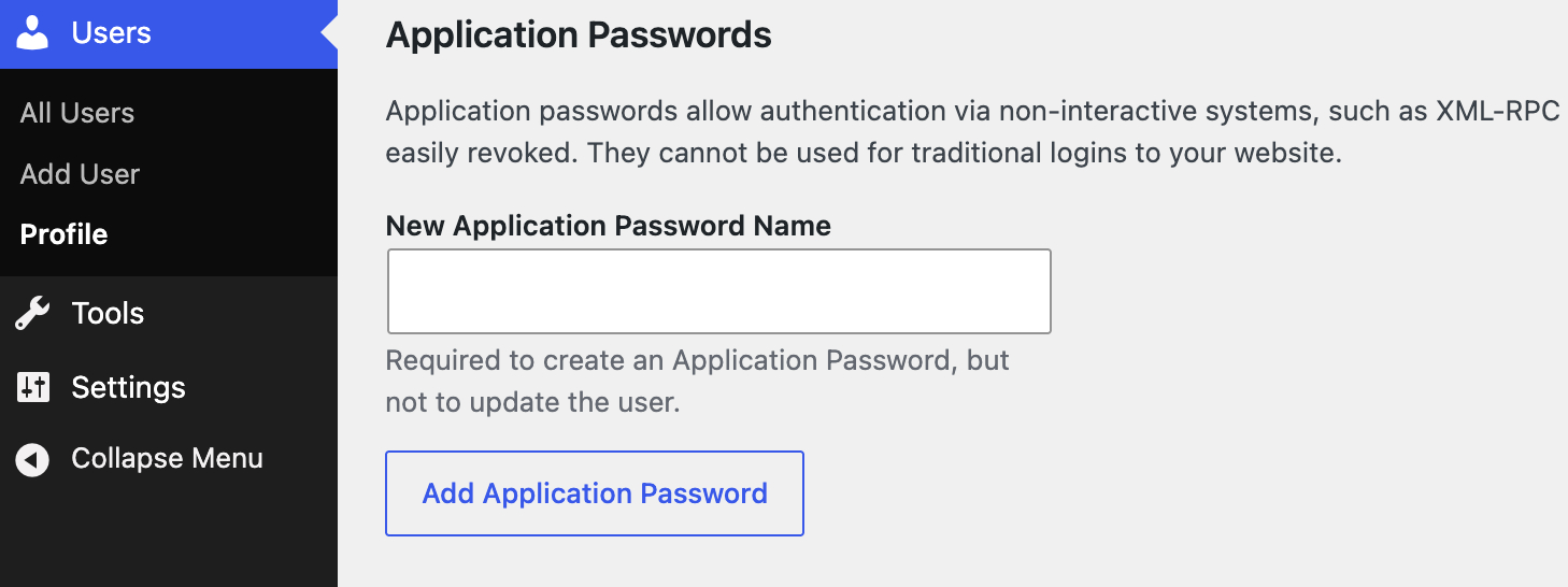 Create Application Password in WordPress