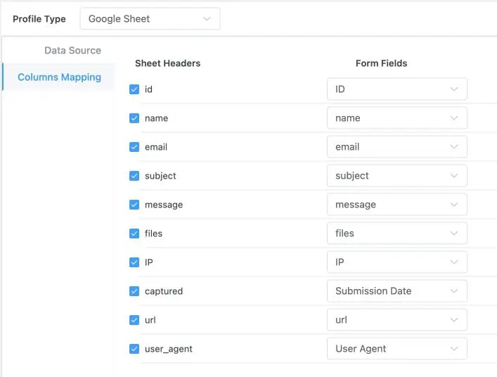Field-to-column mapping for an Elementor form
