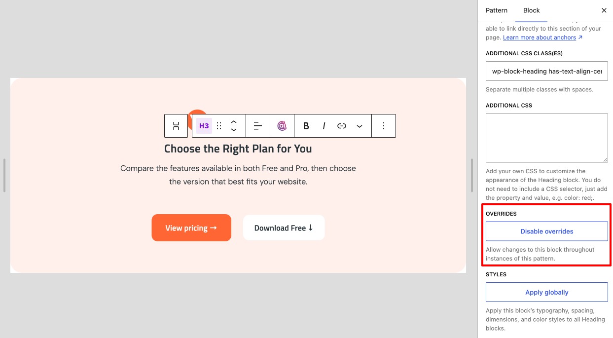 Enable Pattern Override in WordPress