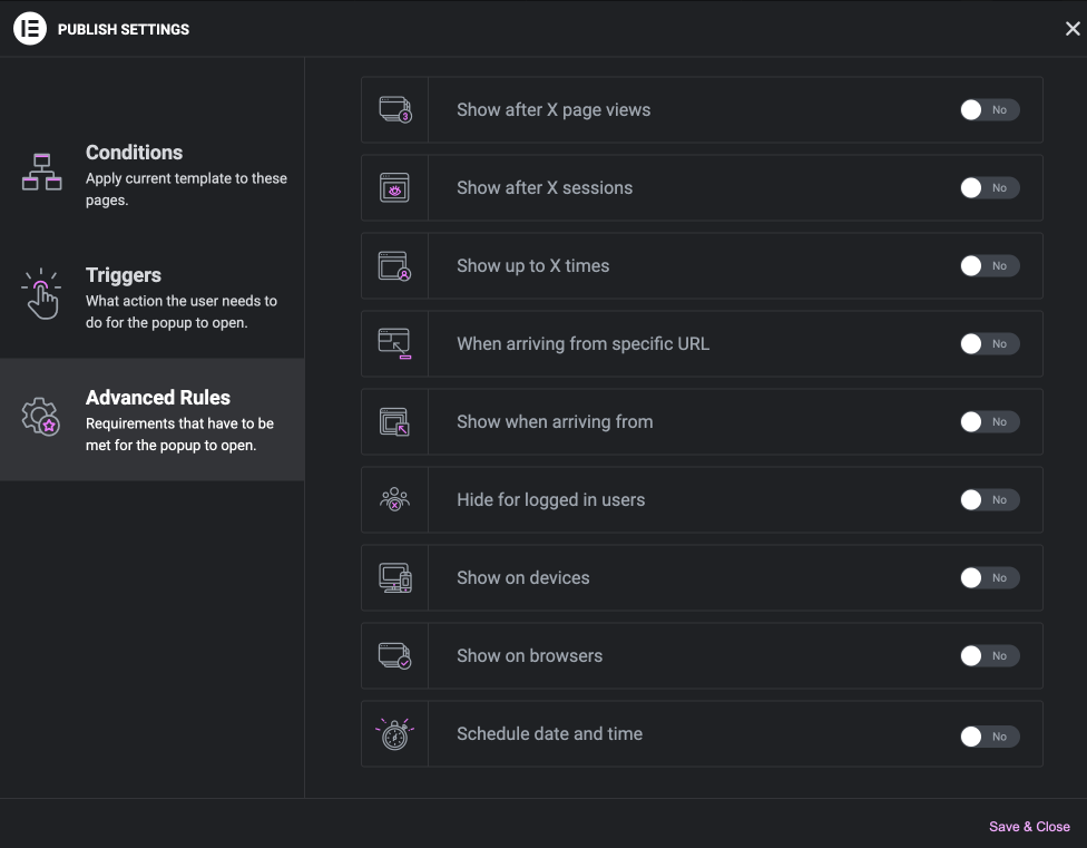 Elementor Popup Advanced Rules Settings