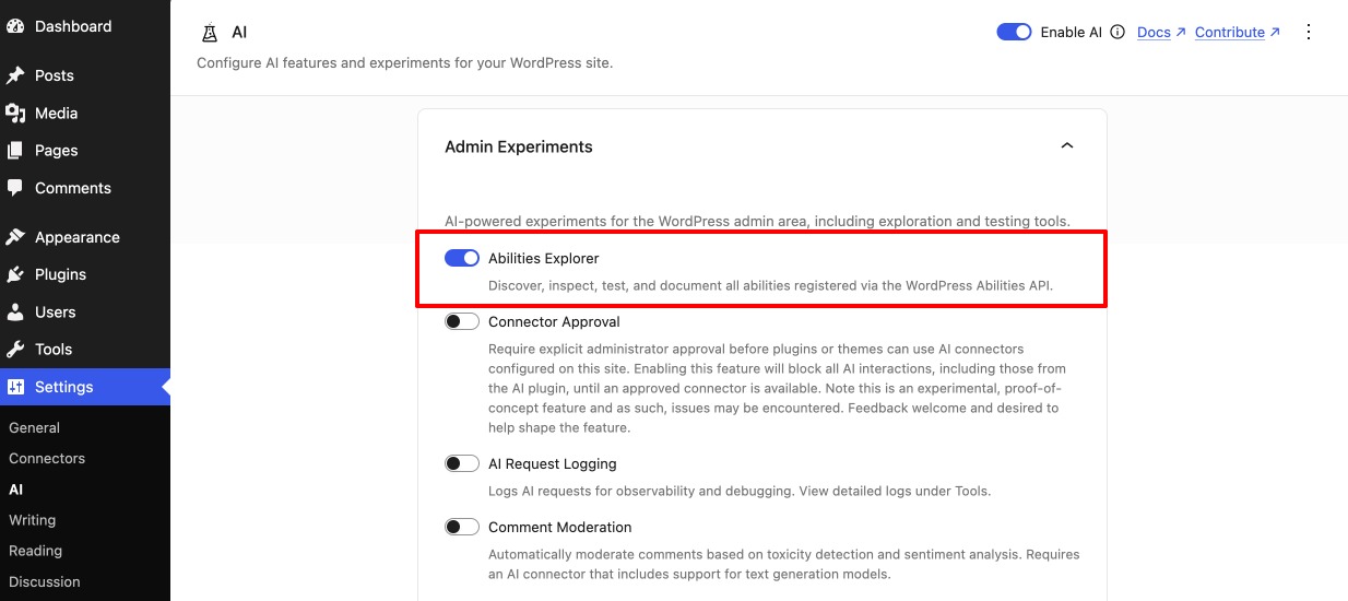 Enable Abilities Explorer Option in AI Plugin WordPress