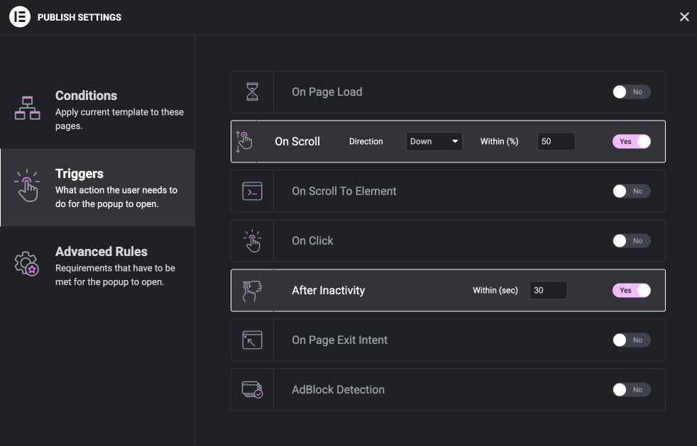 Elementor Popup Triggers Settings