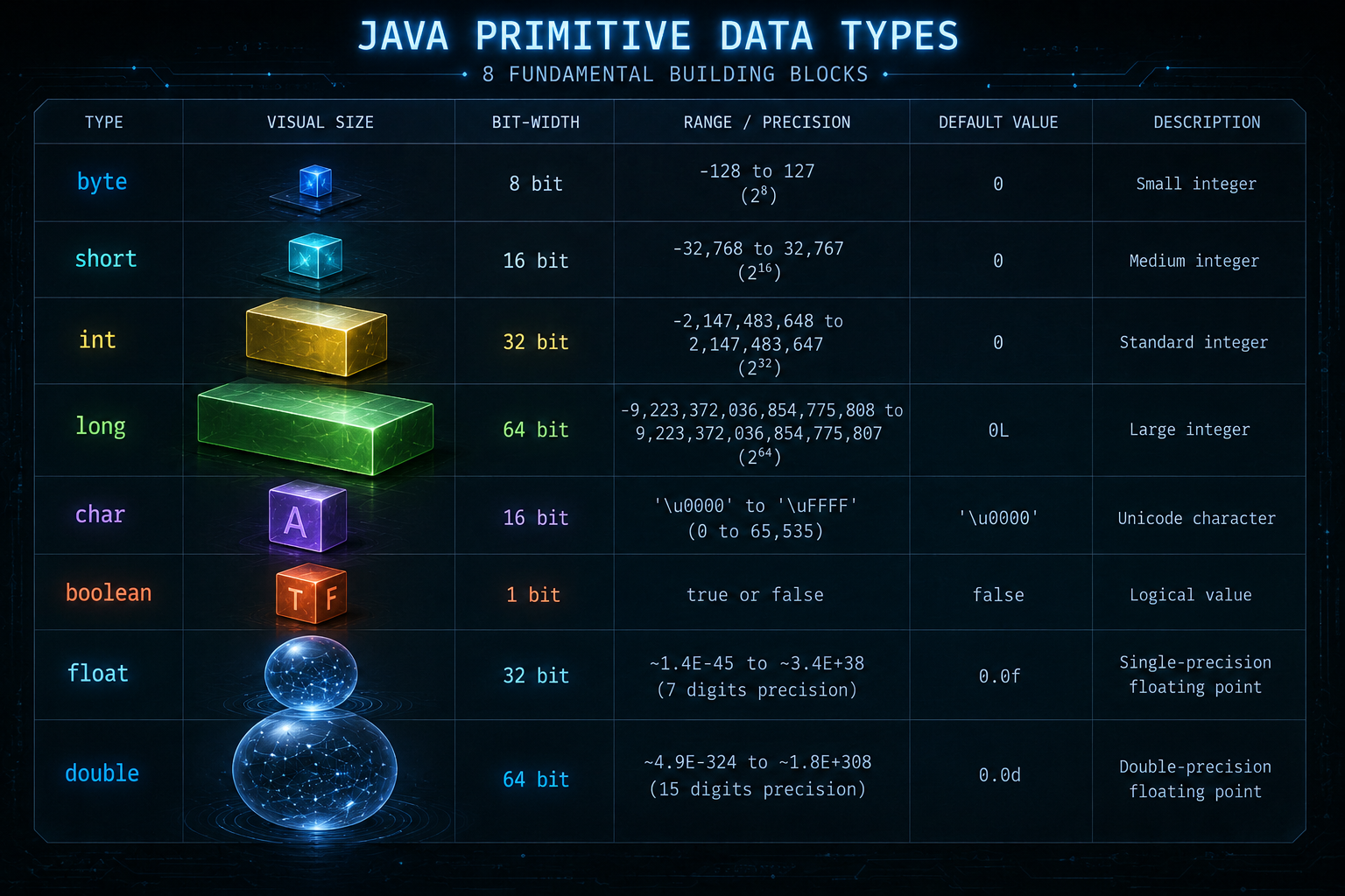 Visual comparison of Java primitive data types showing byte, short, int, long, float, double, char, and boolean with their bit sizes