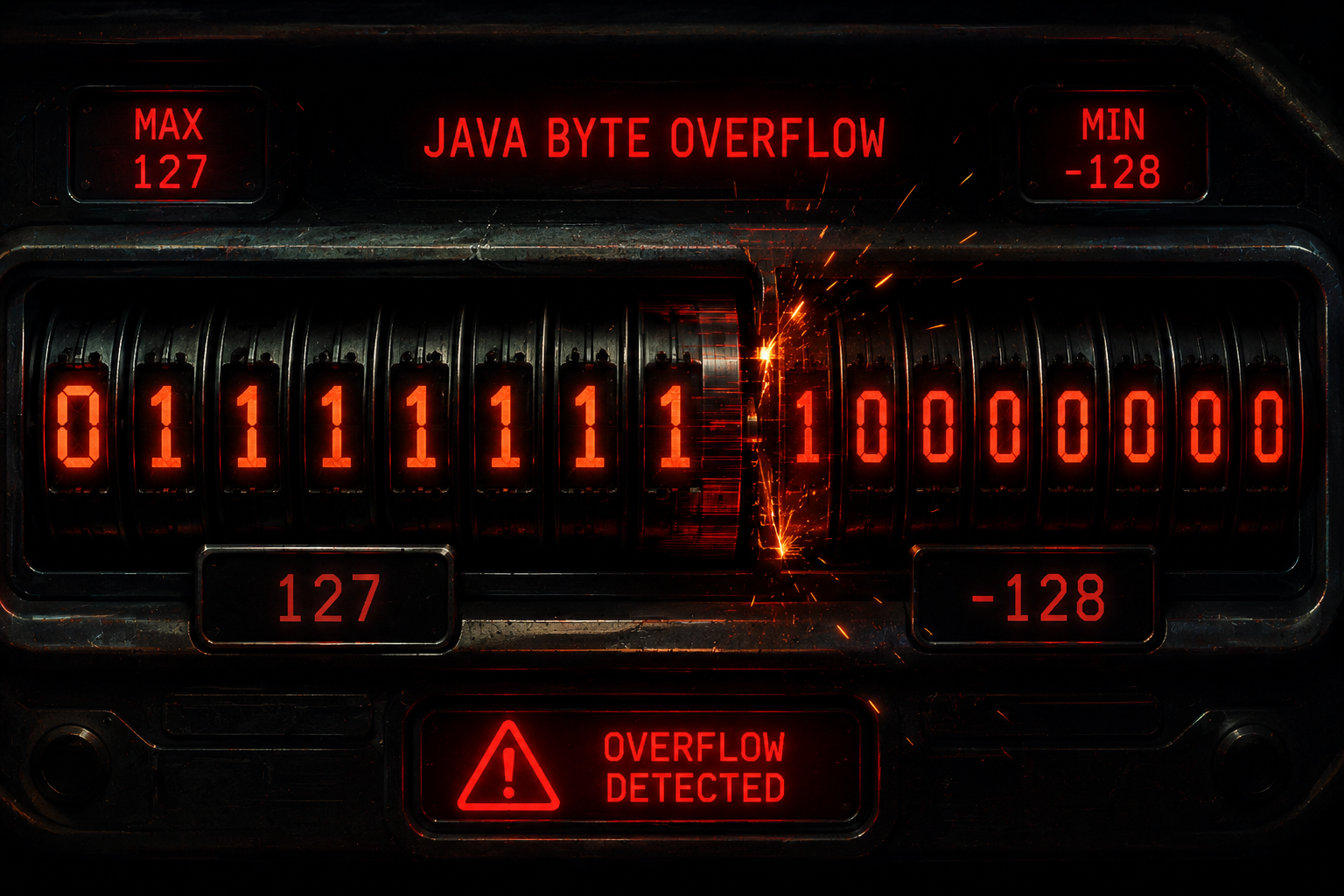 Visual metaphor of Java integer overflow showing binary 01111111 rolling over to 10000000 like an odometer