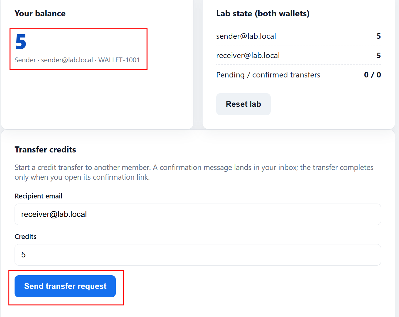 Initial balanceDonation form showing 5 points transfer to receiver account