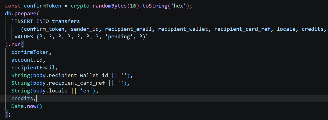 Vulnerable code — pending transfer stored without deducting balance