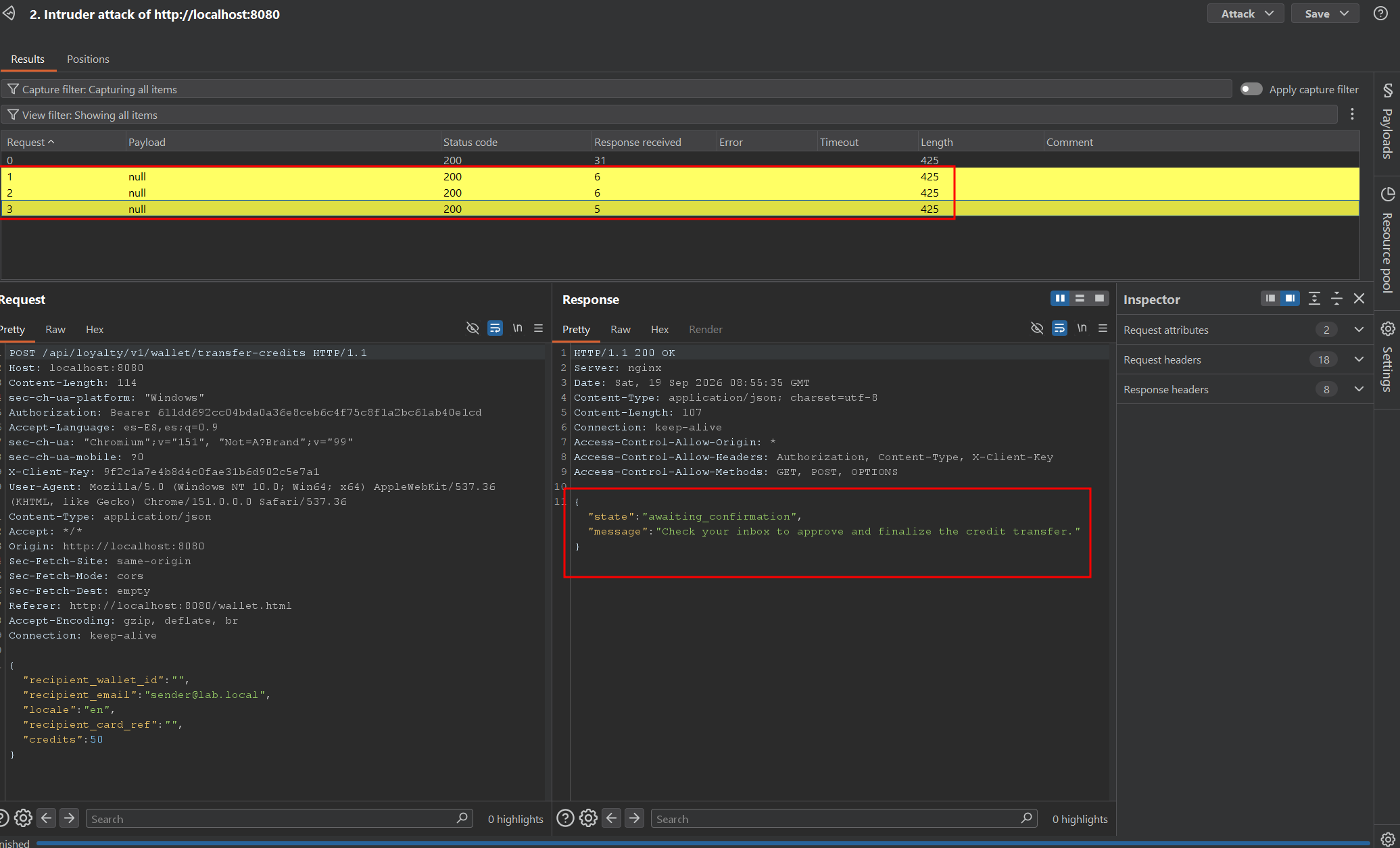 Burp Intruder results showing all 50-point transfer requests processed successfully