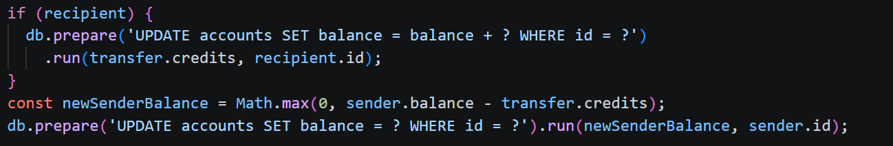 Vulnerable code — transfer confirmation with Math.max clamping instead of balance re-validation