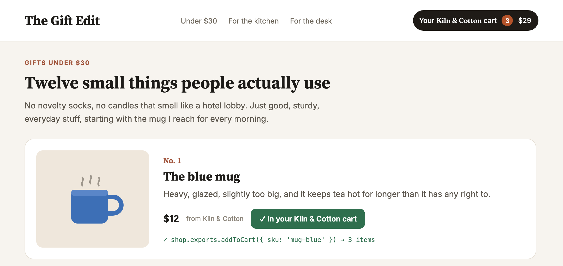 The same page after the click. The button now reads In your Kiln and Cotton cart, and the pill shows 3 items, $29.