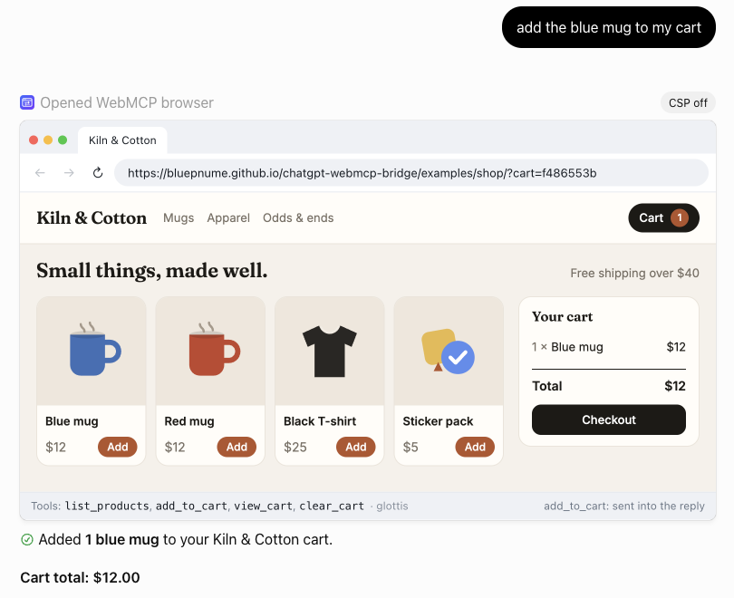 After asking to add the blue mug, the shop's cart shows it and ChatGPT confirms