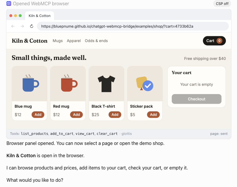 The demo shop open in the panel, its four tools in the status bar, and ChatGPT listing what it can do