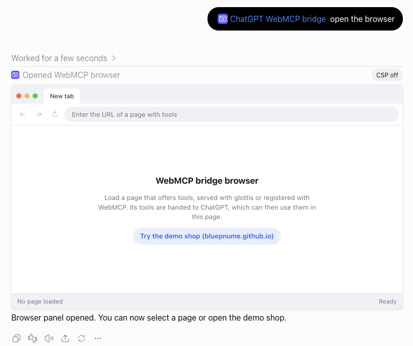 The plugin's panel in a ChatGPT chat: a small browser with a Try the demo shop button