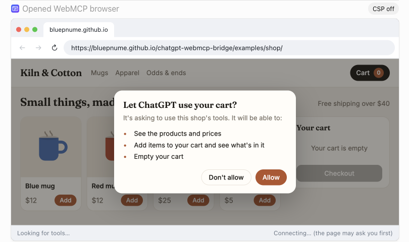The demo shop in the panel, asking Let ChatGPT use your cart? with Allow and Don't allow buttons