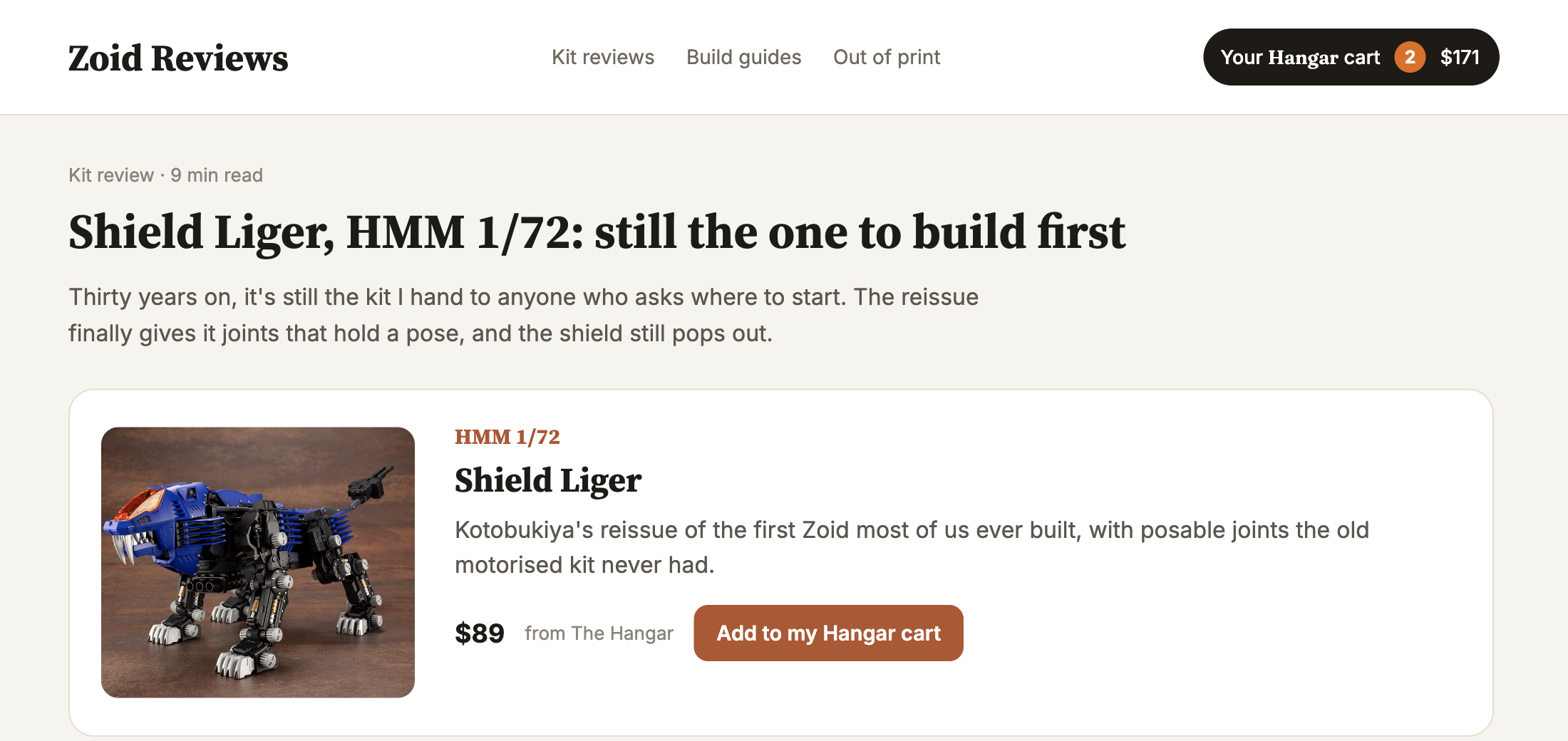 Zoid Reviews, a fan site. A review of the Shield Liger HMM 1/72 kit, with a button reading Add to my Hangar cart, and a pill in the header showing the reader's Hangar cart with 2 kits, $171.