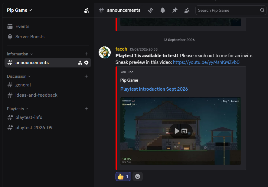 Playtest 1 announced in Discord