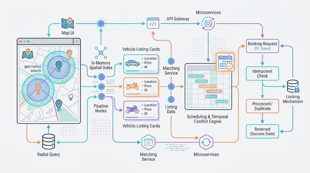 Architecting a Location-Based Vehicle Rental Marketplace: Spatial Search, Temporal Availability, and State Consistency