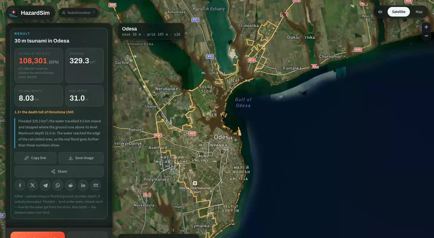 The finished scenario: a 30-metre tsunami in Odesa seen from above, with brown floodwater covering the coastal districts and a results panel on the left listing people killed, area flooded, inland reach and maximum depth.