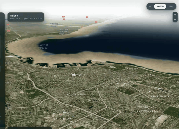 Animated: a tilted camera view over the shore of Odesa. The sea first draws back from the beach, exposing sand, then a dark wave front rolls back in across the beach and the port while the city fills the lower half of the frame.